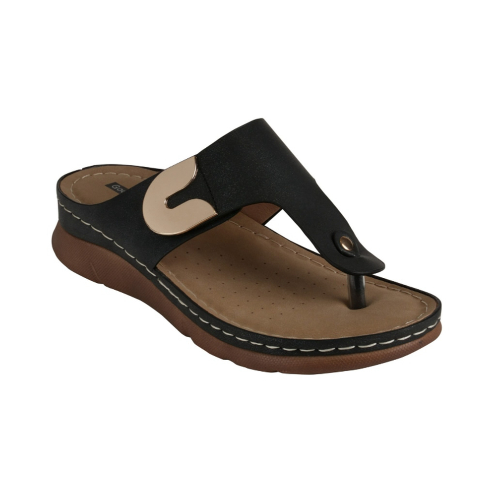 GC Shoes Women's 8.5 Black and Gold Thong / Flip-Flop Flat Sandals NIB